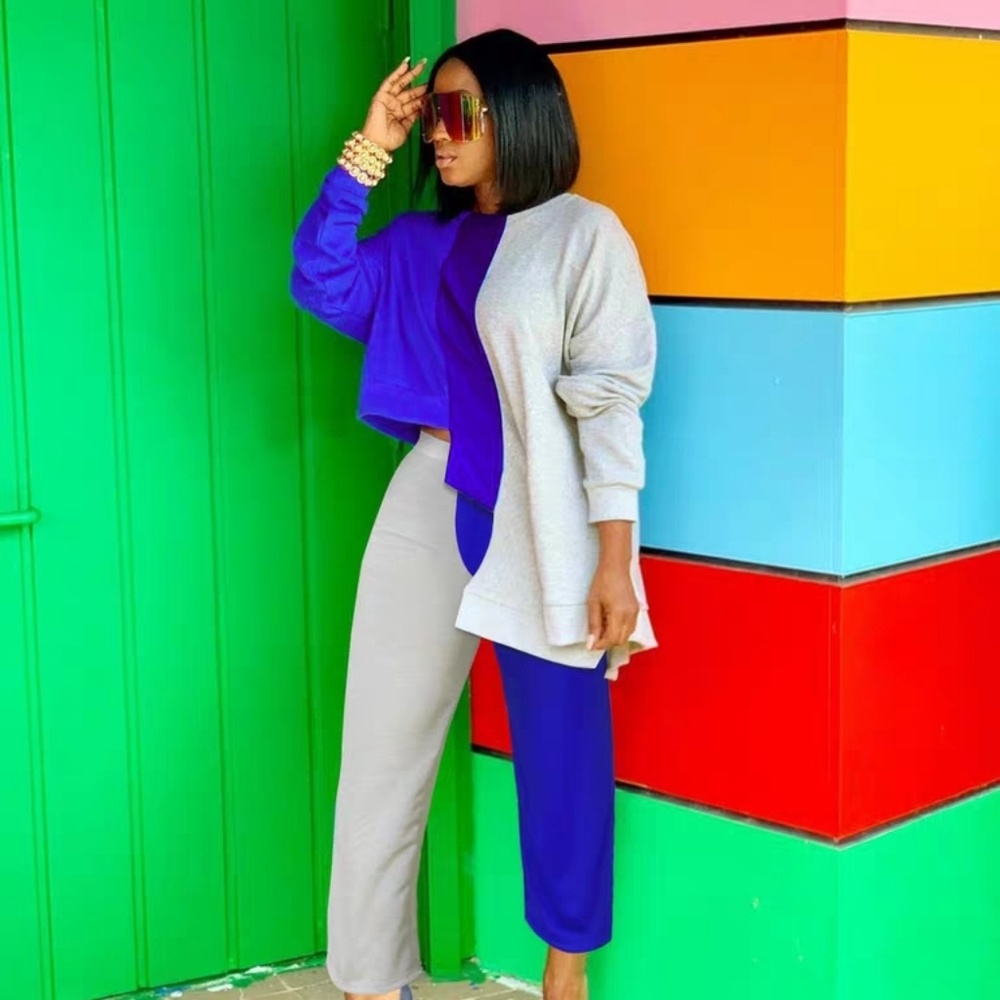 Irregular top and wide-leg pants